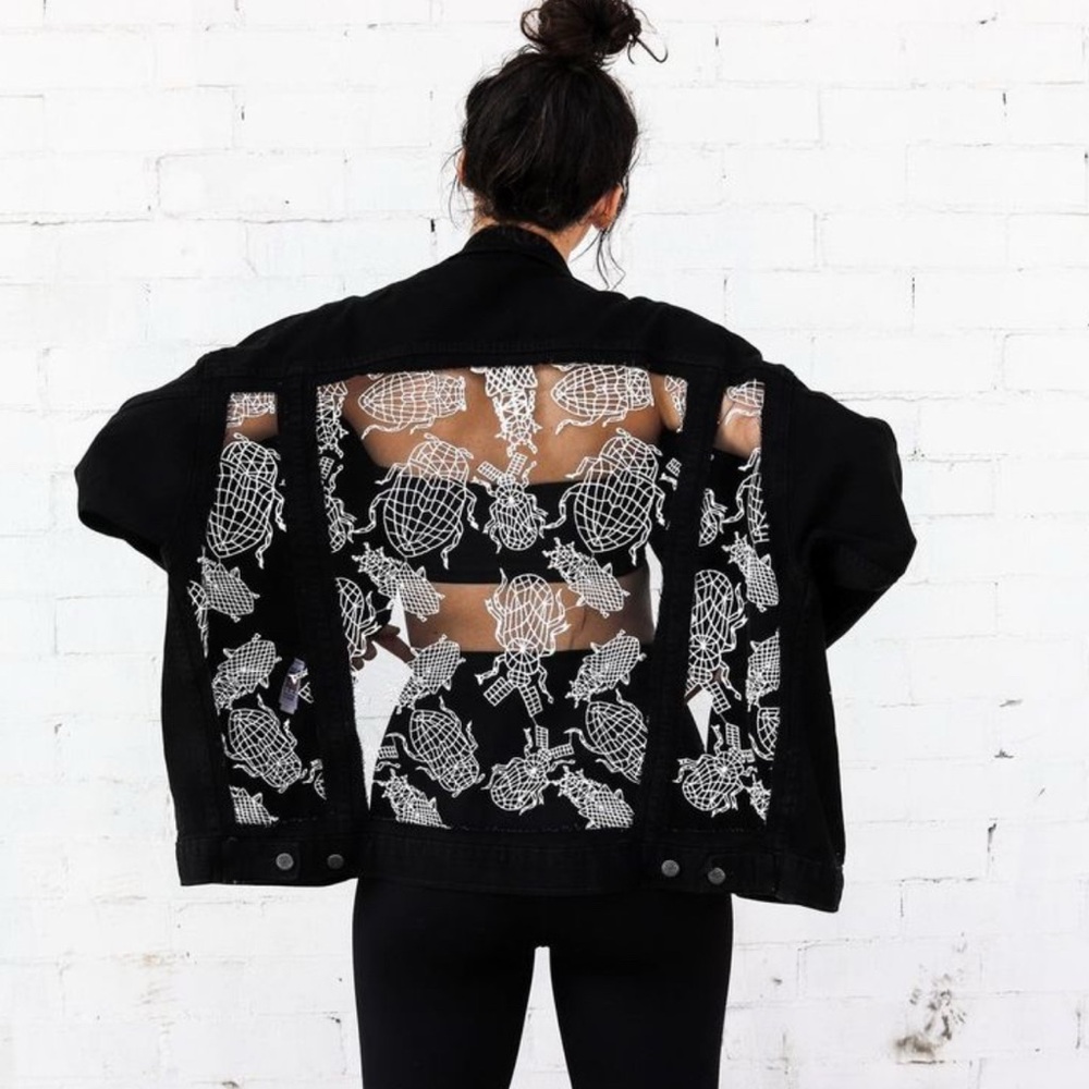 DRAGON DENIM Beetle Denim‎ Jacket Lace Grunge Whimsigoth Goth Bug Insect Black L